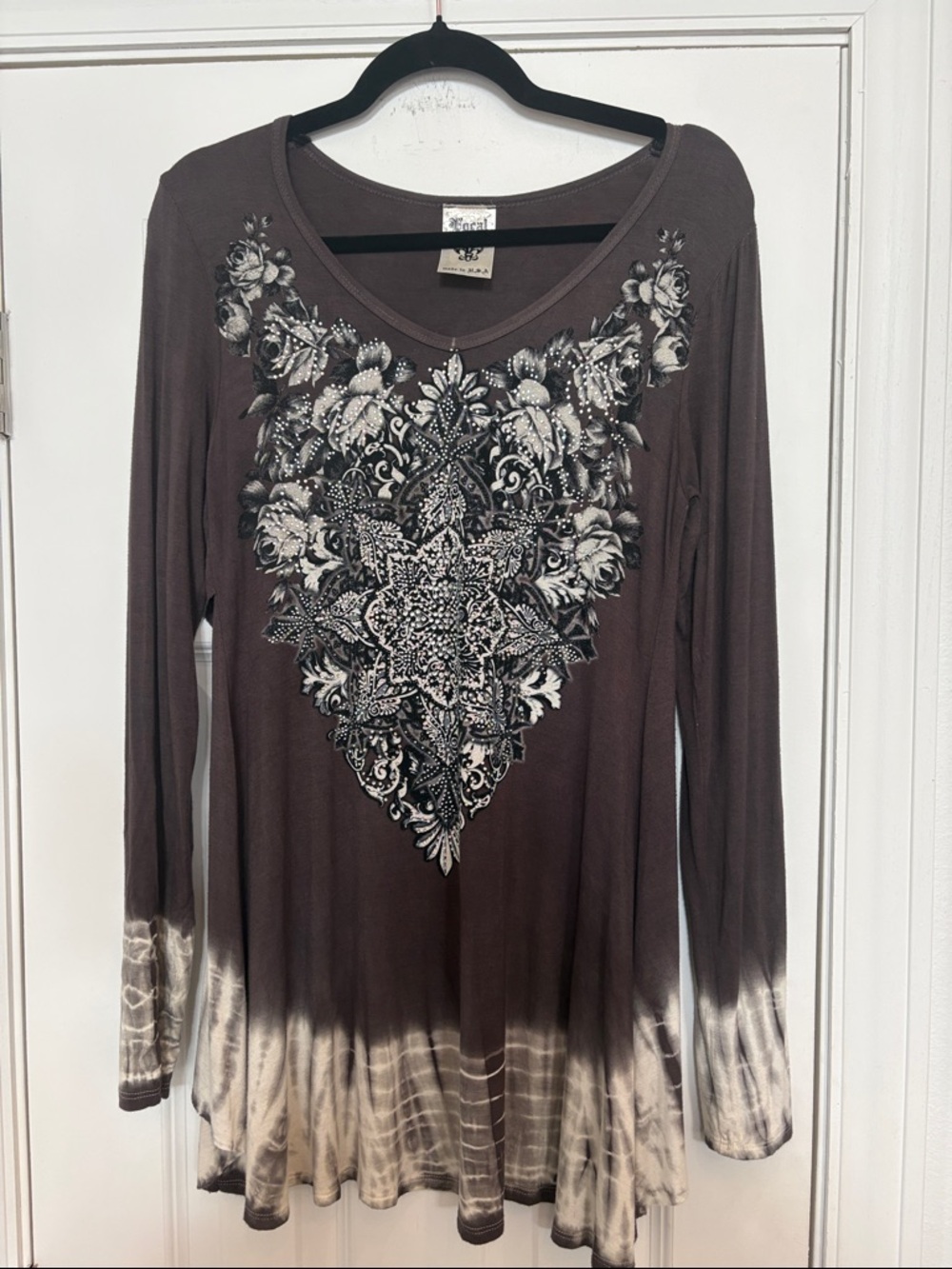 Vocal Brown Floral‎ Medallion Embellished Tunic with Cream Dip-Dye